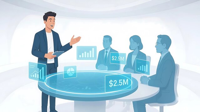 Young Entrepreneur Pitching to Holographic Investors Around Floating AR Table