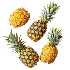 Four pineapples, yellow and green, arranged in a loose cluster, top view.  Each displays the characteristic spiky green leaves and a yellow-gold rind