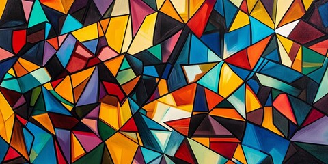 A detailed view of interlocking geometric shapes, intricate patterns in bold colors, creating a visually engaging abstract background