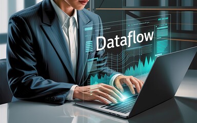 Person in dark pinstripe suit using laptop with glowing digital data interface male