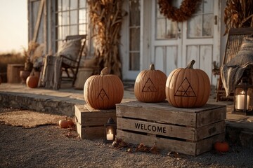 Rustic autumn display with carved pumpkins on wooden crates, welcoming the fall season with warm candlelight on a cozy porch setting and seasonal decorations.