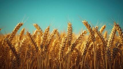Fototapeta premium Golden wheat field under a vibrant blue sky