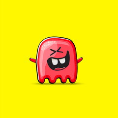 Funny cute smiling red ghost monster isolated on yellow background. Hand drawn cartoon red ghost character with eyes and mouth , cute emoji. Funky Halloween spirit element.