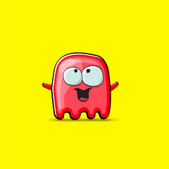 Funny cute smiling red ghost monster isolated on yellow background. Hand drawn cartoon red ghost character with eyes and mouth , cute emoji. Funky Halloween spirit element.