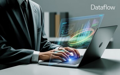 Person in suit typing on laptop displaying futuristic digital data visualization with glowing charts and graphs