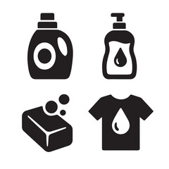 Liquid Detergent Icon Set — Laundry, Cleaning, Soap Bottle, Fabric Care Vector Symbols
