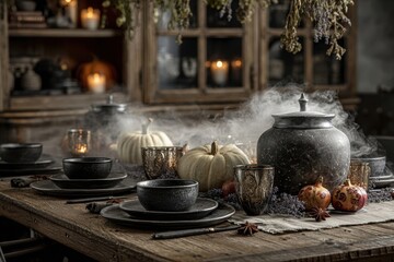 Mystical Halloween Table Setting: Elegant Dark Plates, Pumpkins, and Smoky Ambiance create an inviting holiday atmosphere with vintage accents for a festive party.