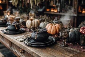 An evocative Halloween table setting featuring pumpkins, black cauldrons, and vintage glassware, creating a mysterious and warm ambiance for a festive autumn gathering.
