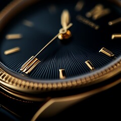 Close-up of an elegant black and gold wristwatch face.