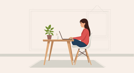 Woman working on laptop at home office with plant and coffee, achieving goals