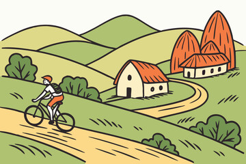 Bike past haystacks and barns in rural Romania, modern flat illustration style