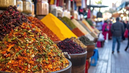 Fototapeta premium Vibrant display of colorful spices in a bustling market setting, showcasing traditional food culture