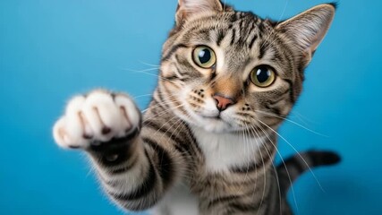 A curious tabby kitten with wide eyes playfully reaches out its paw towards the camera against a vibrant blue background