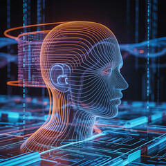 Futuristic digital human head made of glowing neural connections representing artificial intelligence and advanced technology