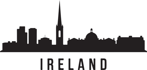 Naklejka premium Minimalist Black and White Dublin Skyline Silhouette with Ireland Text