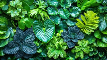 Lush green plant wall, diverse leaf textures
