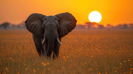 Majestic elephant at sunset in golden savanna