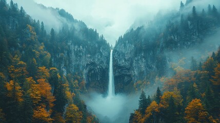 Majestic waterfall in misty autumn mountains