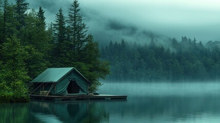 Misty lake, forest, green tent cabin