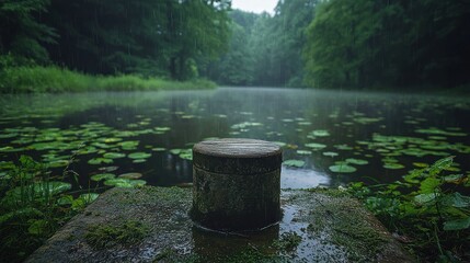 Misty forest lake, weathered stone post