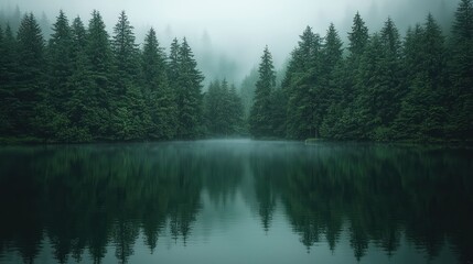 Misty forest reflected in a still lake