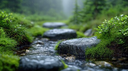 Misty mountain stream path