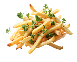falling sliced french fries with herbs isolated on white background PNG.AI.Generated.
