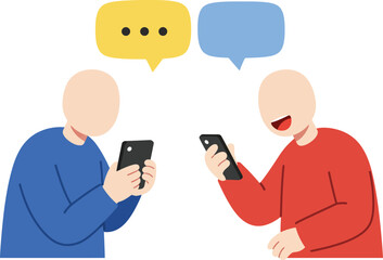 Two faceless figures, one in blue and one in red, communicate via smartphones with speech bubbles above their heads.