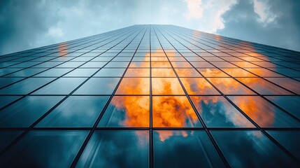 Modern skyscraper reflecting fiery clouds