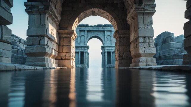 View of ancient stone archways with intricate details, reflected in tranquil water under soft sunset light. The scene highlights historic architecture and a peaceful ambiance.