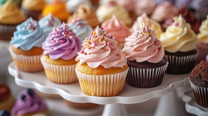 Baking and sweets on tray, cupcakes, cookies, pastries, colorful icing, dessert spread, fresh treats, culinary display, festive bakery arrangement, home-made confections