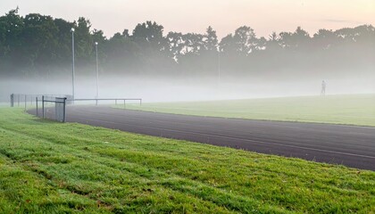 Misty Morning at an Empty Athletic Track Surrounded by Lush Green Grass and Tall Trees in Soft Light