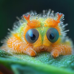 Brightly colored spider with large eyes on a green leaf.