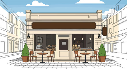 Charming European Cafe Exterior Facade with Outdoor Seating and Street View
