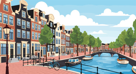 Charming Canal Scene with Historic Buildings and Boats on a Sunny Day