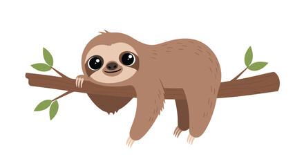 Adorable baby sloth hanging from a tree branch with big curious eyes enjoying a sunny day