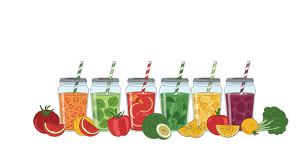 Vibrant Assortment of Fresh Juices Surrounded by Healthy Fruits and Vegetables