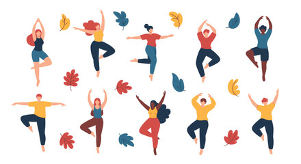 Diverse People Enjoying Yoga Poses With Autumn Leaves Floating Around Them