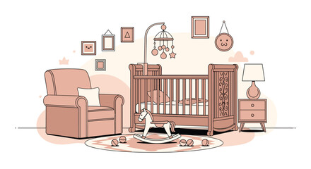 Cozy Nursery Room with Crib Rocking Horse and Comfortable Chair for a Baby