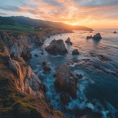 Scenic coastline at sunset with rocky formations and waves.