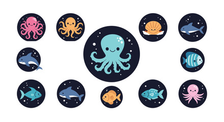 Whimsical Underwater Creatures and Aquatic Animals Collection in a Circular Design