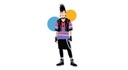 Pixelated Punk Character Standing with Circles Behind Him in a Retro Style