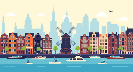 Scenic European Canal Cityscape with Historic Architecture and Boats
