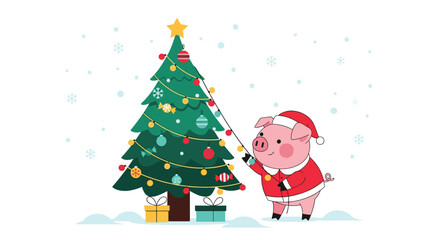 Cute Pig Decorating Christmas Tree Festive Holiday Celebration Winter Season Joyful Animal