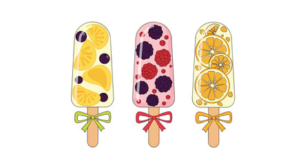 Refreshing Fruit Popsicles Featuring Citrus Slices and Berries on Wooden Sticks with Decorative Bows