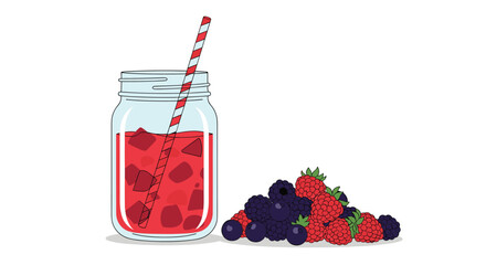 Refreshing Summer Drink with Mixed Berries and Ice in a Jar