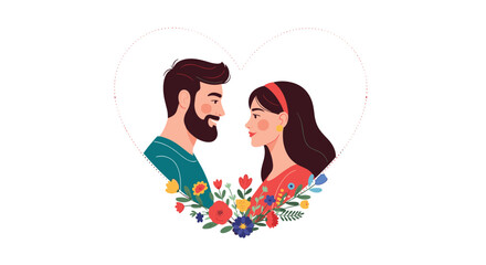 A Loving Couple Surrounded by a Heart of Colorful Flowers and Artistic Flourishes