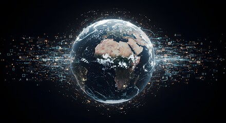 Earth globe with digital network connections, focusing on Africa and Europe, surrounded by glowing particles and data streams.