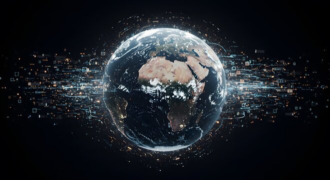 Earth globe with digital network connections, focusing on Africa and Europe, surrounded by glowing particles and data streams.
