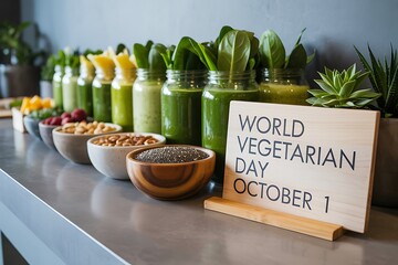 Vibrant healthy smoothies and fresh ingredients celebrate World Vegetarian Day with festive autumnal flair